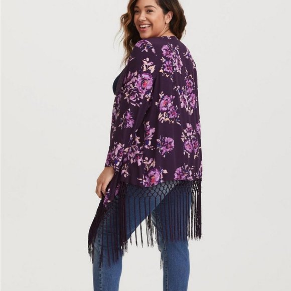 ❤️NWT VINTAGE TORRID FLORAL PRINT KIMONO - FRINGE HEM SEMI-SHEER CREPE PLUS SIZE - Picture 2 of 8